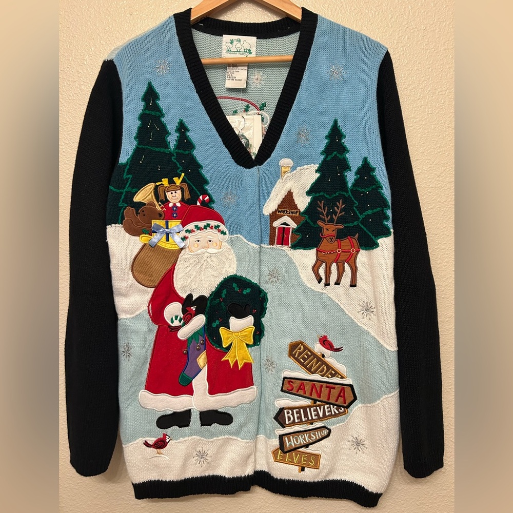 *NWT* The Quacker Factory Christmas Santa Scene Embellished Cardigan Size Large